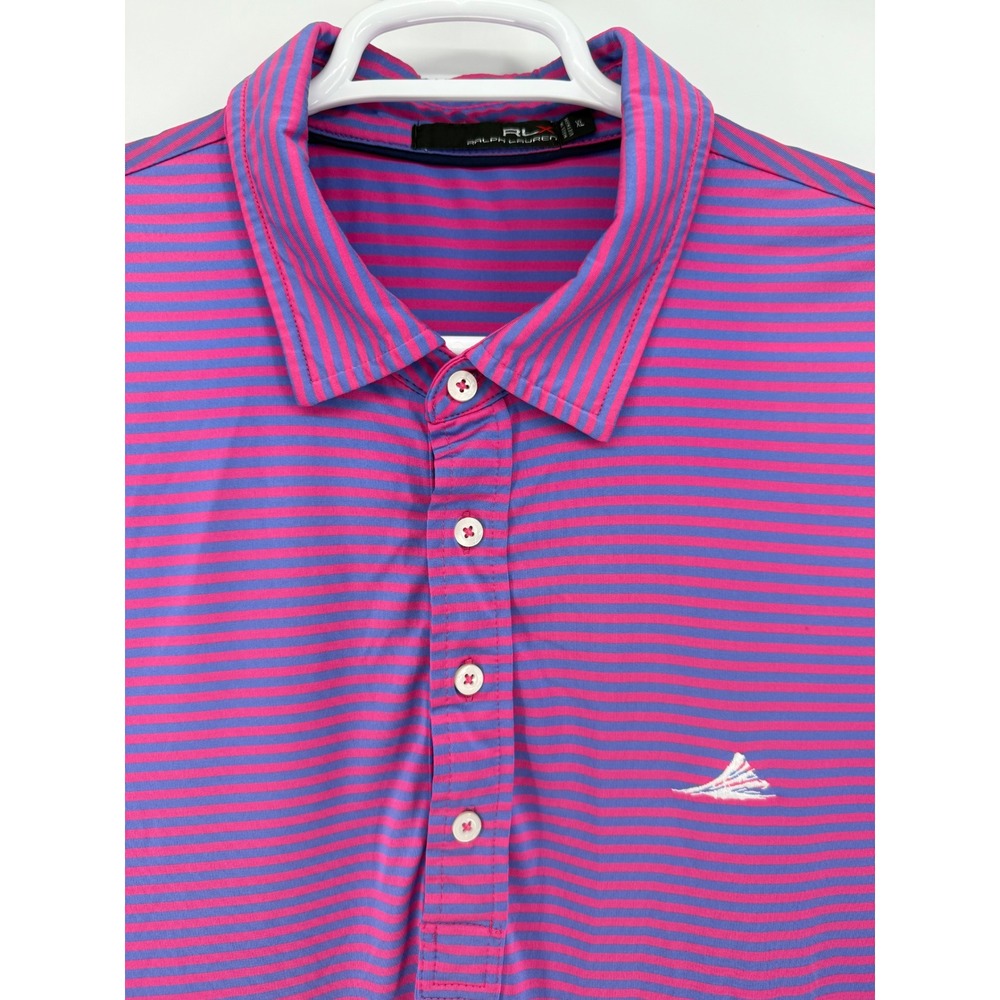 RLX Ralph Lauren Golf Polo Shirt XL Pink Purple Striped Short Sleeve‎ Note Logo